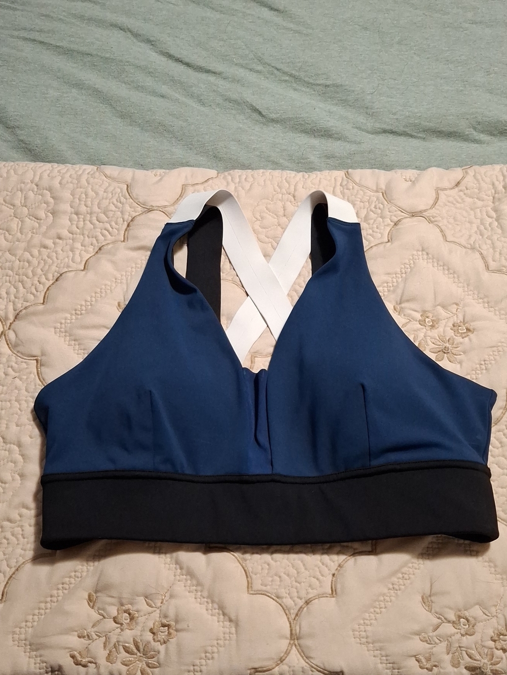 Zella Navy Blue & Black Sports Bralette with White Crossback Straps Padded Lg.